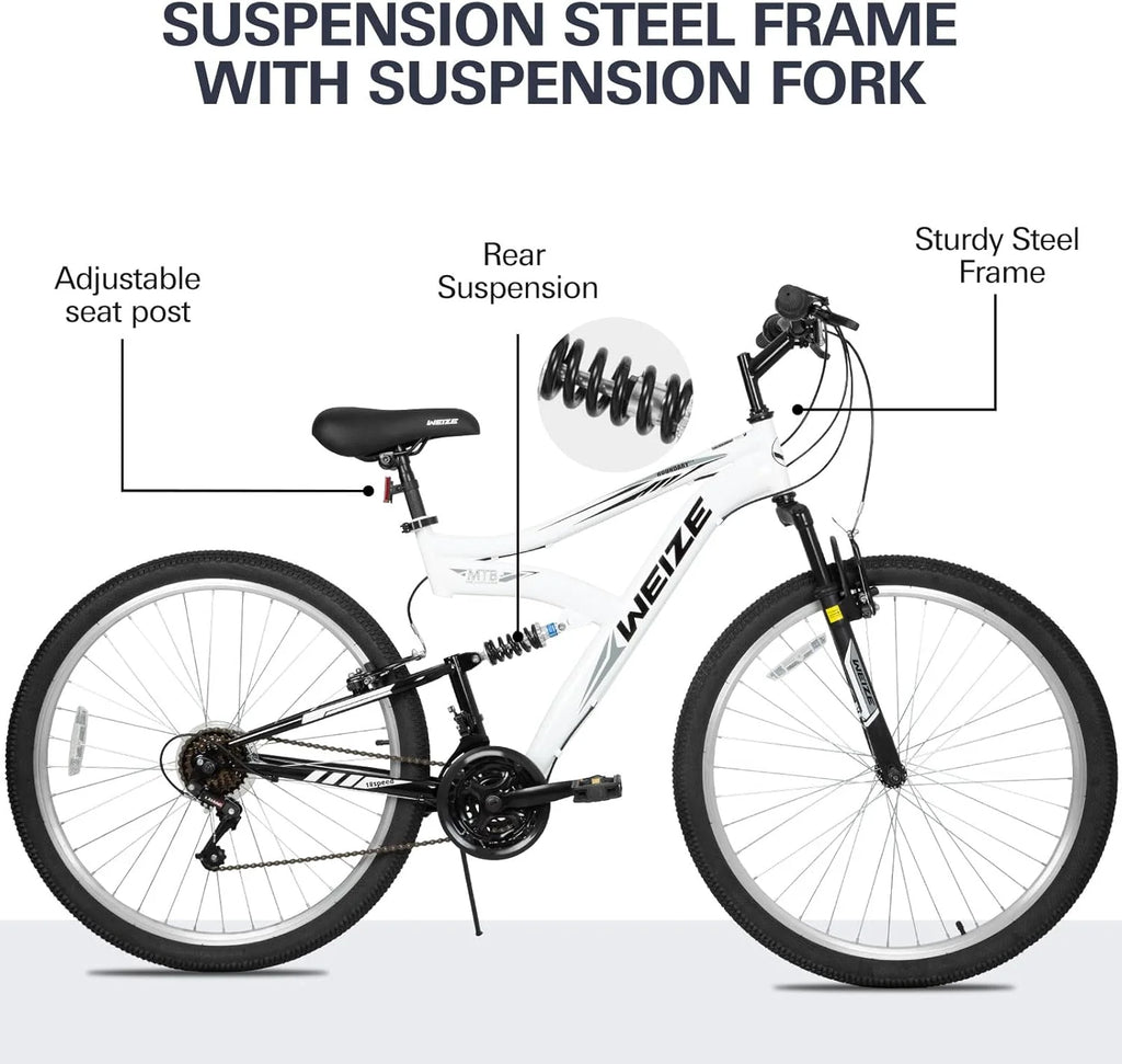 WEIZE Mountain Bike, 26 27.5 inch Outdoor Hybrid Bikes,18-Speed/High-Carbon Steel/Dual Full Suspension, Adjustable Ergonomic Seat for Men Women Adult, MTB Bicycle with Suspension Fork,Sleek Colors
