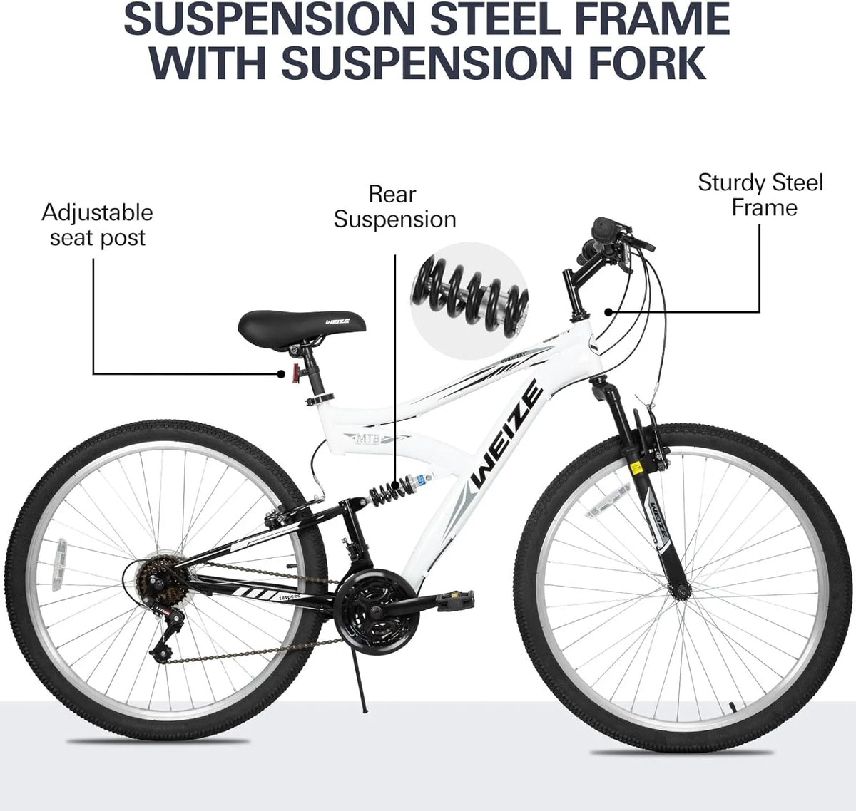 WEIZE Mountain Bike, 26 27.5 inch Outdoor Hybrid Bikes,18-Speed/High-Carbon Steel/Dual Full Suspension, Adjustable Ergonomic Seat for Men Women Adult, MTB Bicycle with Suspension Fork,Sleek Colors