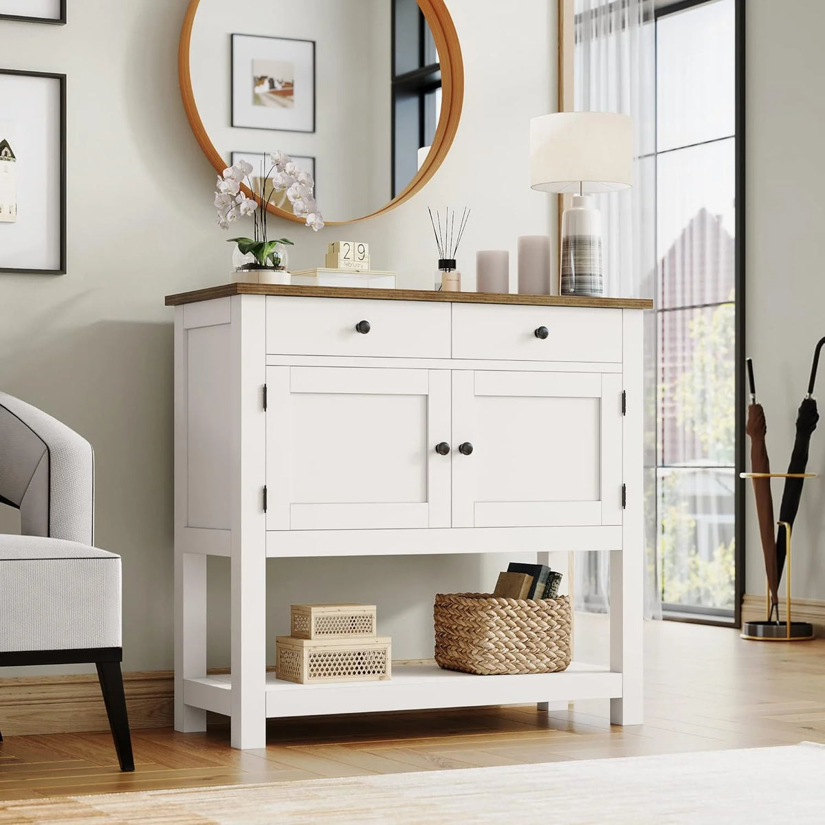 Farmhouse style console table coffee bar, entry table with storage rack, sofa table buffet sideboard