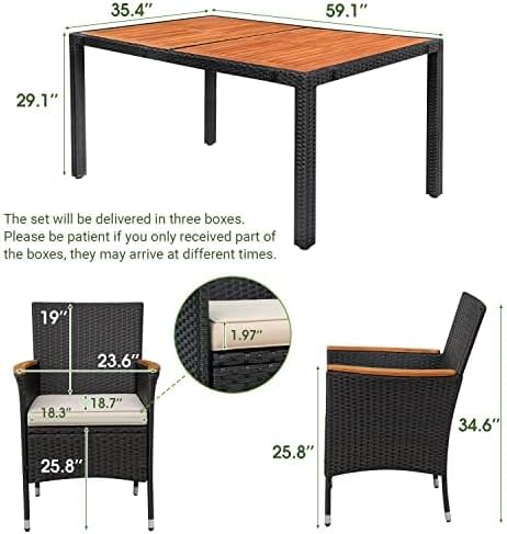 Devoko Dining 7 PCS Furniture, Patio Conversation Set with Acacia Wood Table Top, Rattan Outdoor, Black