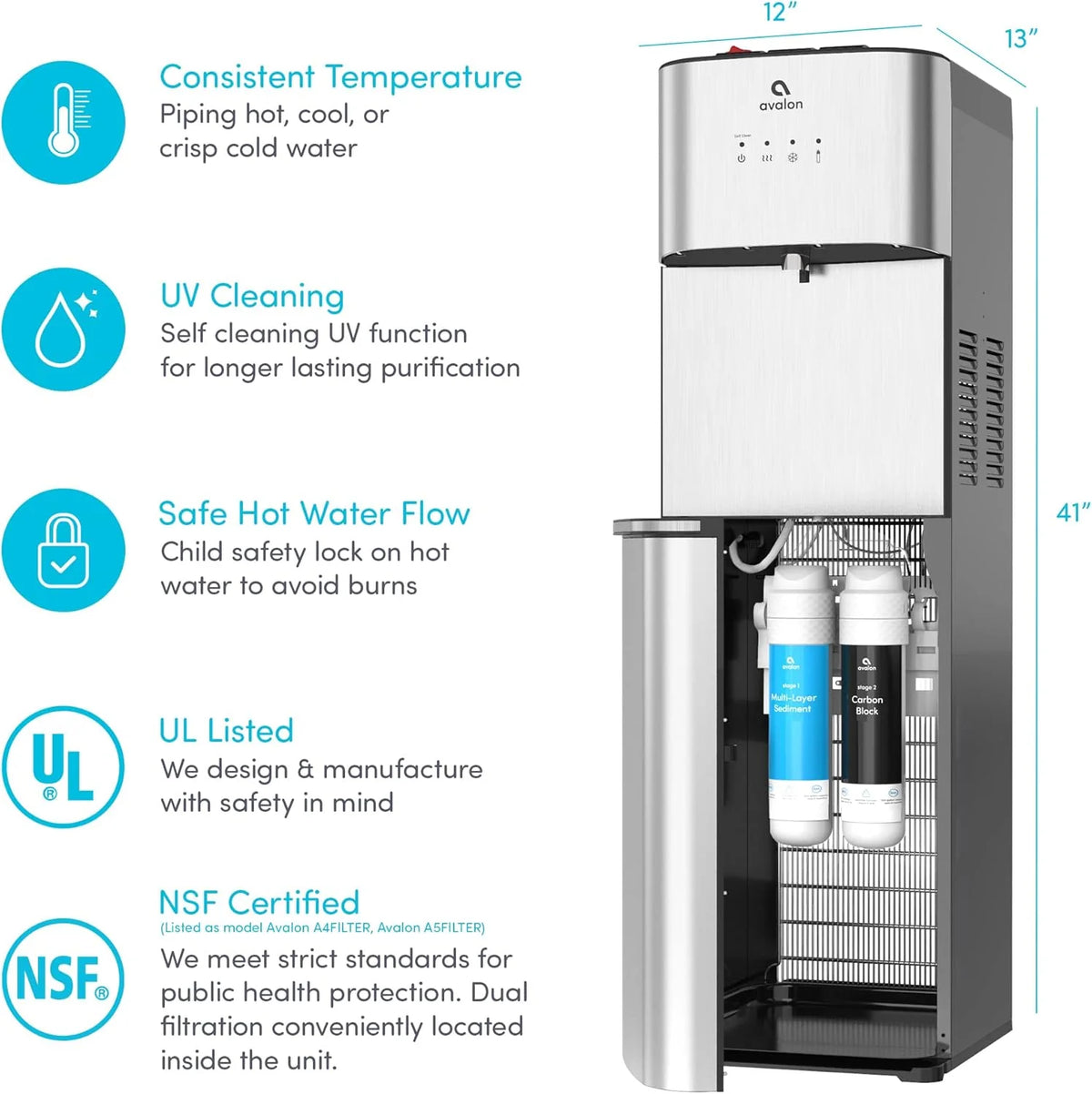 Avalon Bottom Loading Water Cooler Water Dispenser with BioGuard- 3 Temperature Settings - Hot, Cold & Room Water, Durable Stainless Steel Construction, Anti-Microbial Coating- UL Listed