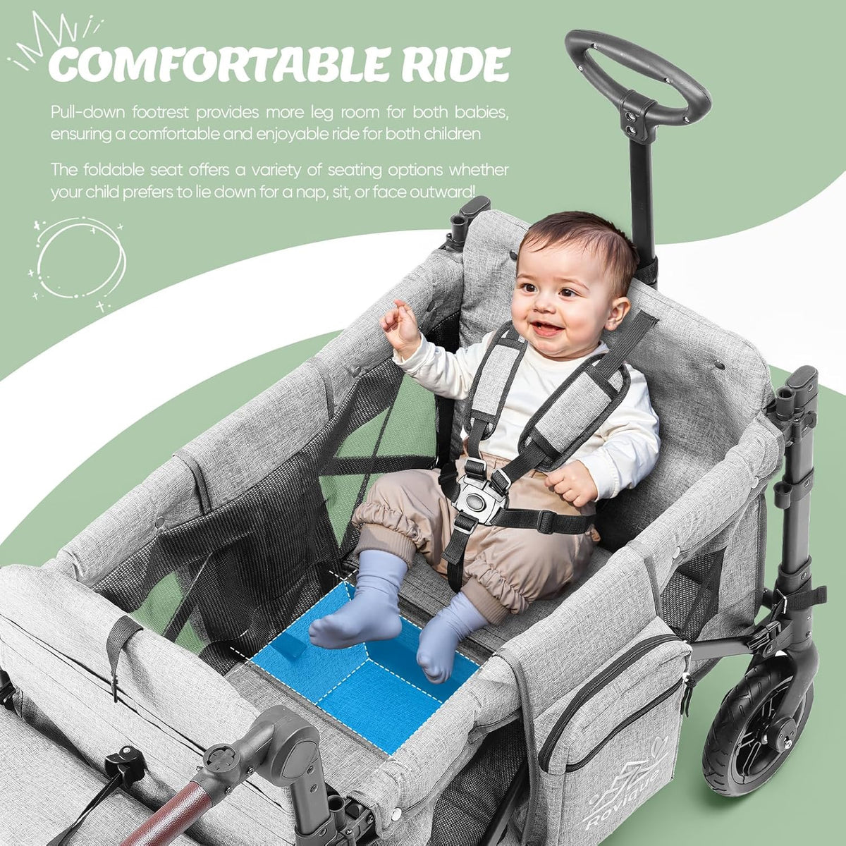 Wagon Stroller for 2 Kids,Premium Wagon for Kids with Removable Canopy, Snack Tray, Convertible Baby Bassinet, 5-Point Safety Harness, All-Terrain PU Wheels & Adjustable Push/Pull Handle,Grey
