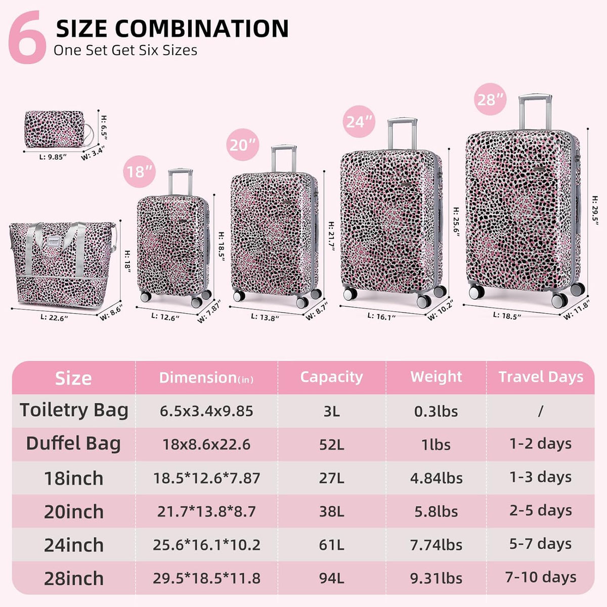 6-piece luggage set, expandable hardshell suitcase set with spinner wheels, lightweight rolling luggage set