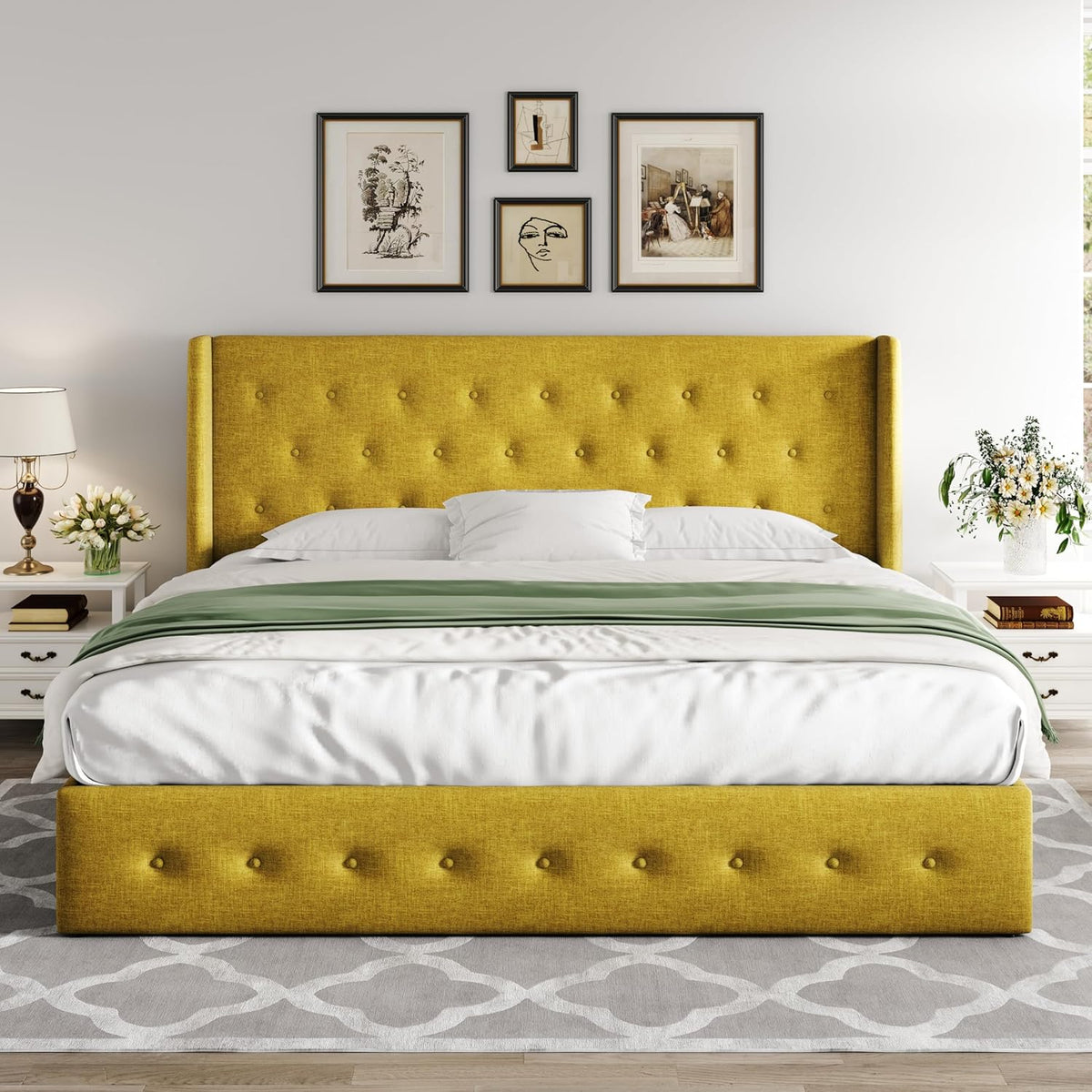 Allewie Queen Size Lift Up Storage Bed Modern Wingback Headboard Hydraulic Support