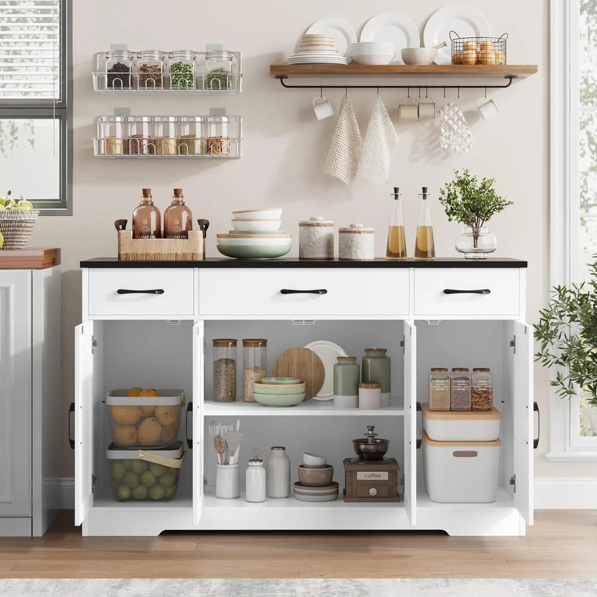 Sideboard with drawers, large 55-inch sideboard, sideboard storage with shelves and doors, modern farmhouse coffee bar wood kitchen dining table