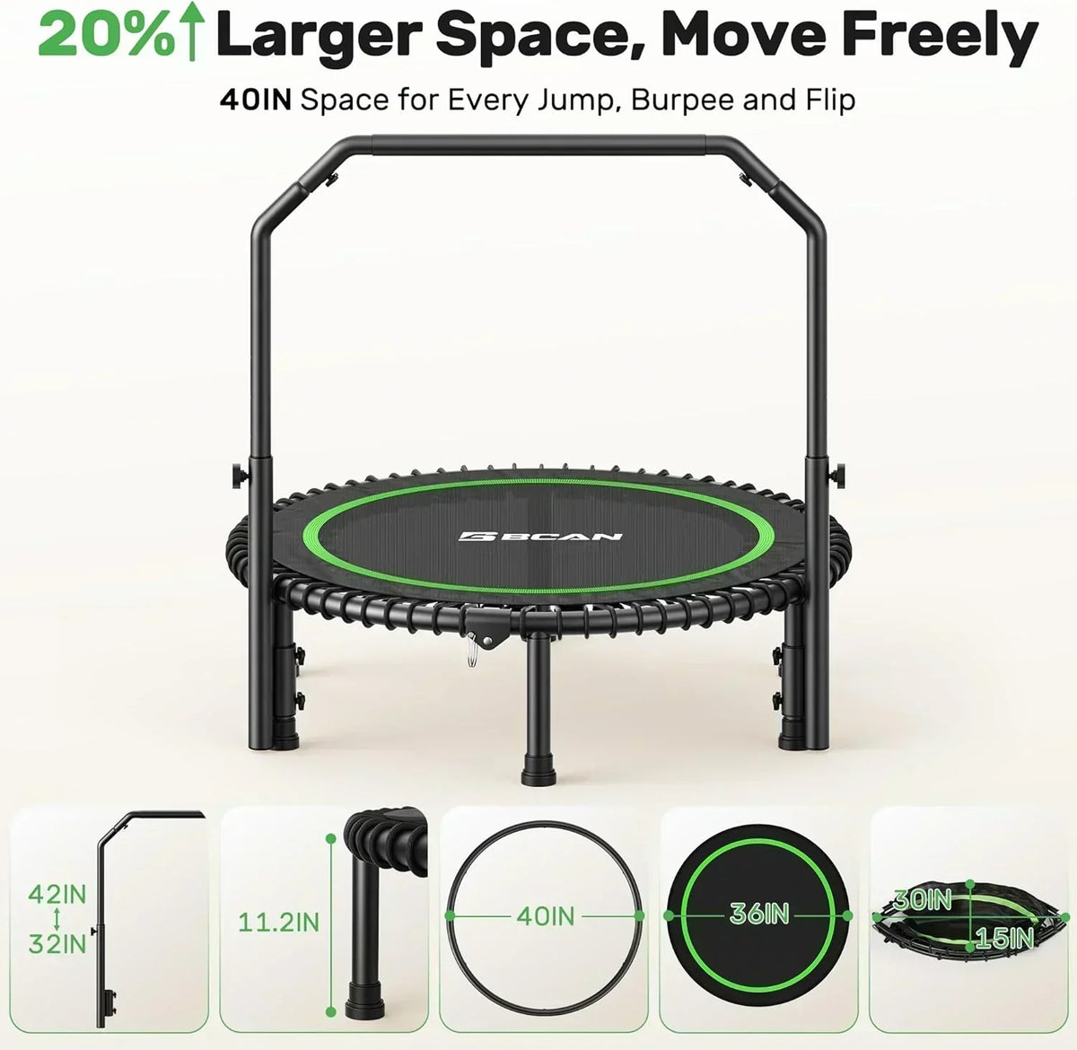 BCAN 450/550 LBS Foldable Mini Trampoline Fitness Trampoline Bungees Adjustable Foam Handle