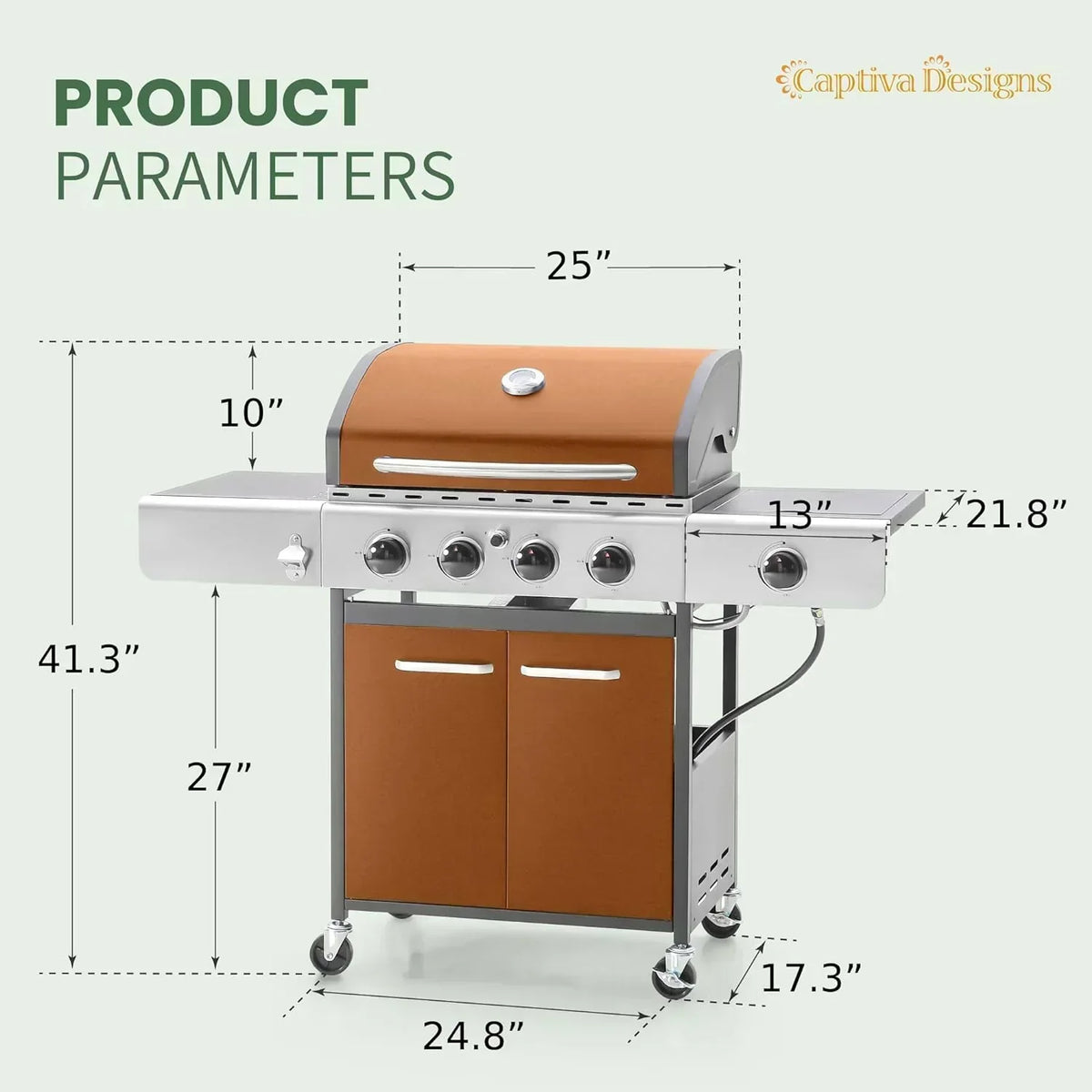 Captiva Designs 4-Burner Propane Gas BBQ Grill Side Burner Porcelain-Enameled Cast Iron Grates