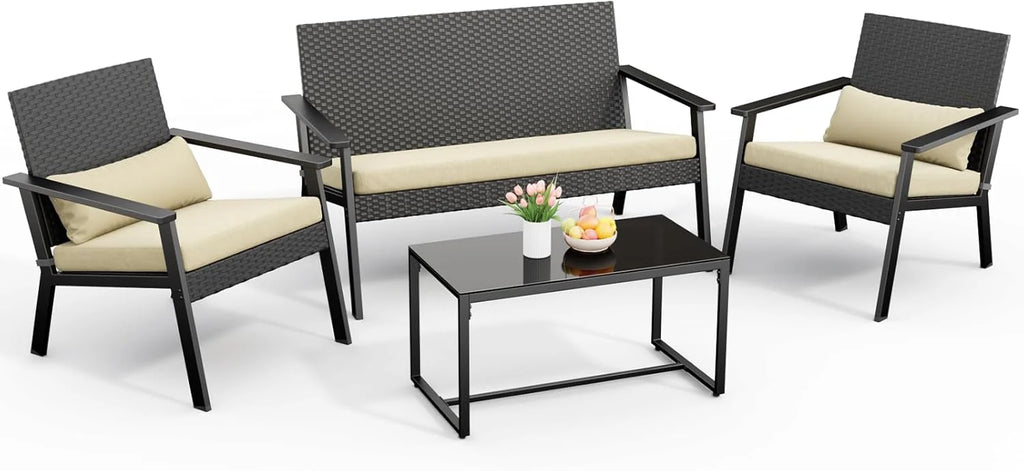 Ahomly 4-Piece Outdoor Wicker Patio Furniture Set with Deep Seating Cushions and Table for Balcony, Backyard, and Porch (Gray)