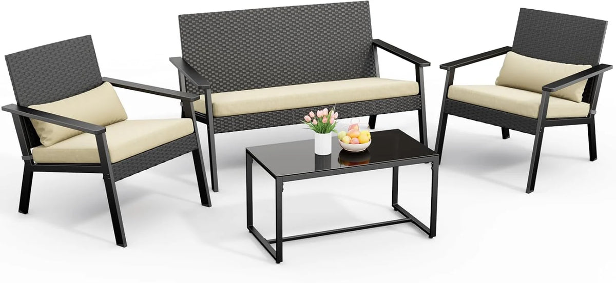 Ahomly 4-Piece Outdoor Wicker Patio Furniture Set with Deep Seating Cushions and Table for Balcony, Backyard, and Porch (Gray)