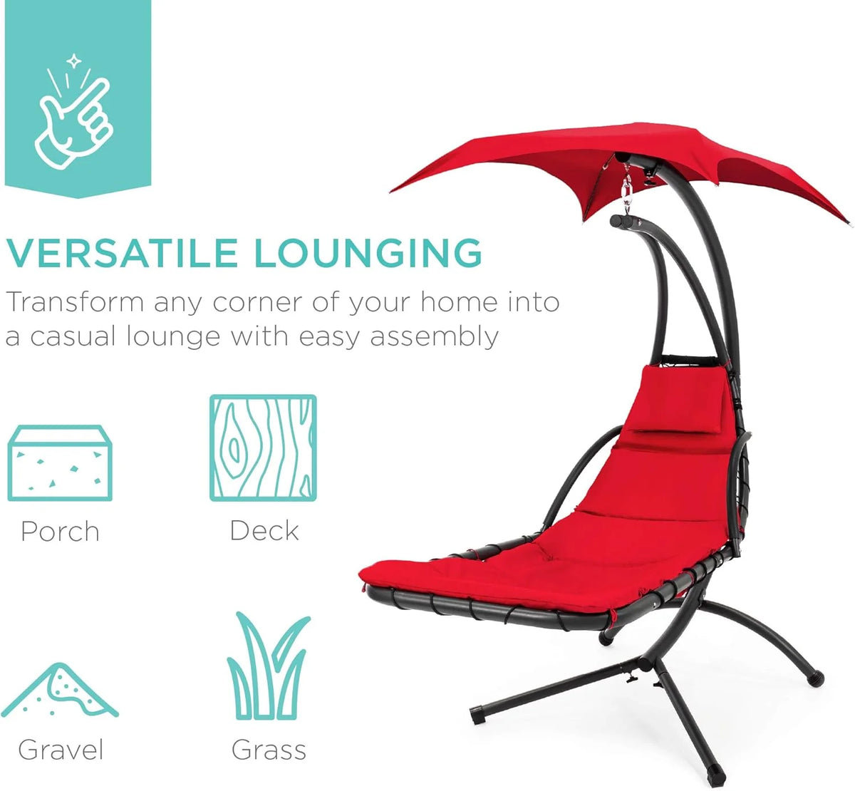 Best Choice Products Outdoor Hanging Curved Steel Chaise Lounge Chair Swing w/Built-in Pillow and Removable Canopy - Charcoal Gray