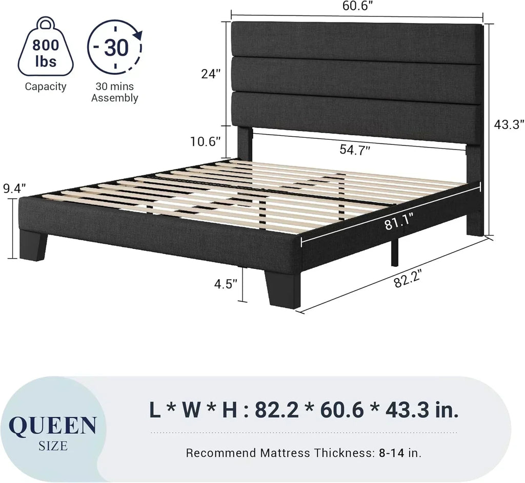 Allewie Queen Size Platform Bed Frame with Fabric Upholstered Headboard Wooden Slats Support