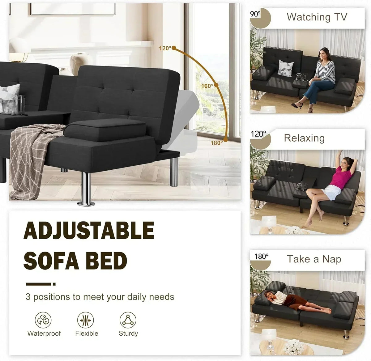 Shahoo Modern Linen Upholstered Convertible Folding Futon Sofa Bed with Removable Armrests