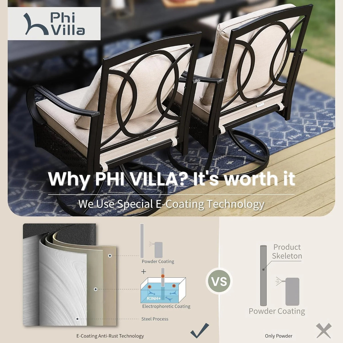 PHI VILLA 6-Piece Outdoor Dining Sets, All-Weather Patio Table and Chairs Set with Umbrella for 4, Heavy Duty Patio Round Table Set for Deck, 4 Extra Large Outdoor Swivel Chairs with Thick Cushions