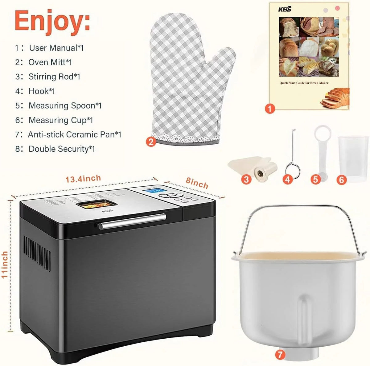 KBS 2LB Bread Maker, 19-in-1 Automatic Stainless Steel Bread Maker with Ceramic Pot, 650W Bread Maker, 3 Loaf Sizes