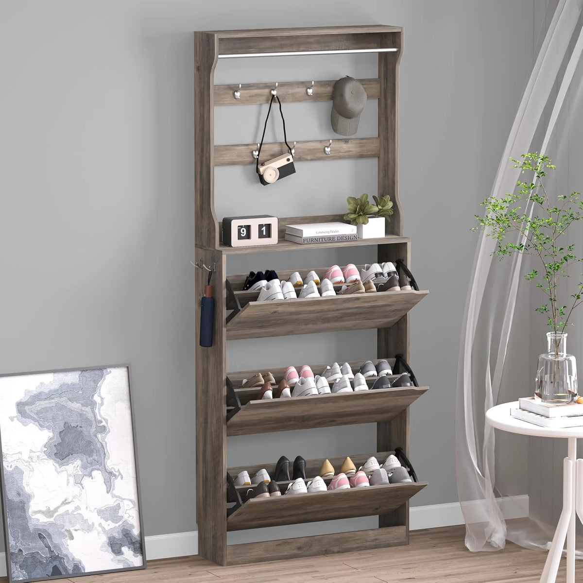 Shoe Cabinet with 3 Flip Drawers, Hidden Wood Shoe Cabinet,Freestanding Shoe Storage Cabinet