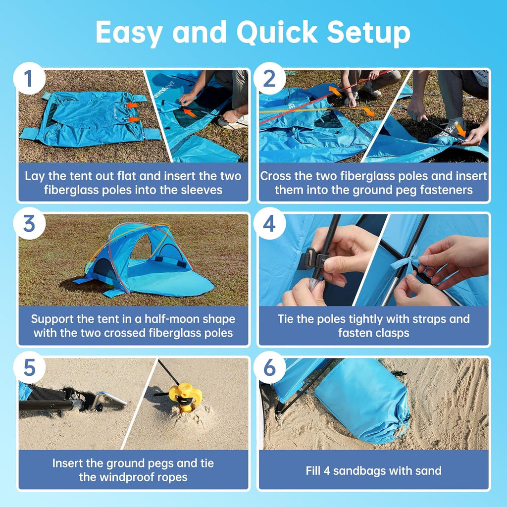 Beach Tent Sun Shelter, Beach Shade Tent with UPF50+ UV Protection, Beach Sun Shelter, Beach Shade with 2 Zippered Doors, Portable Beach Tent for Beach Camping Fishing