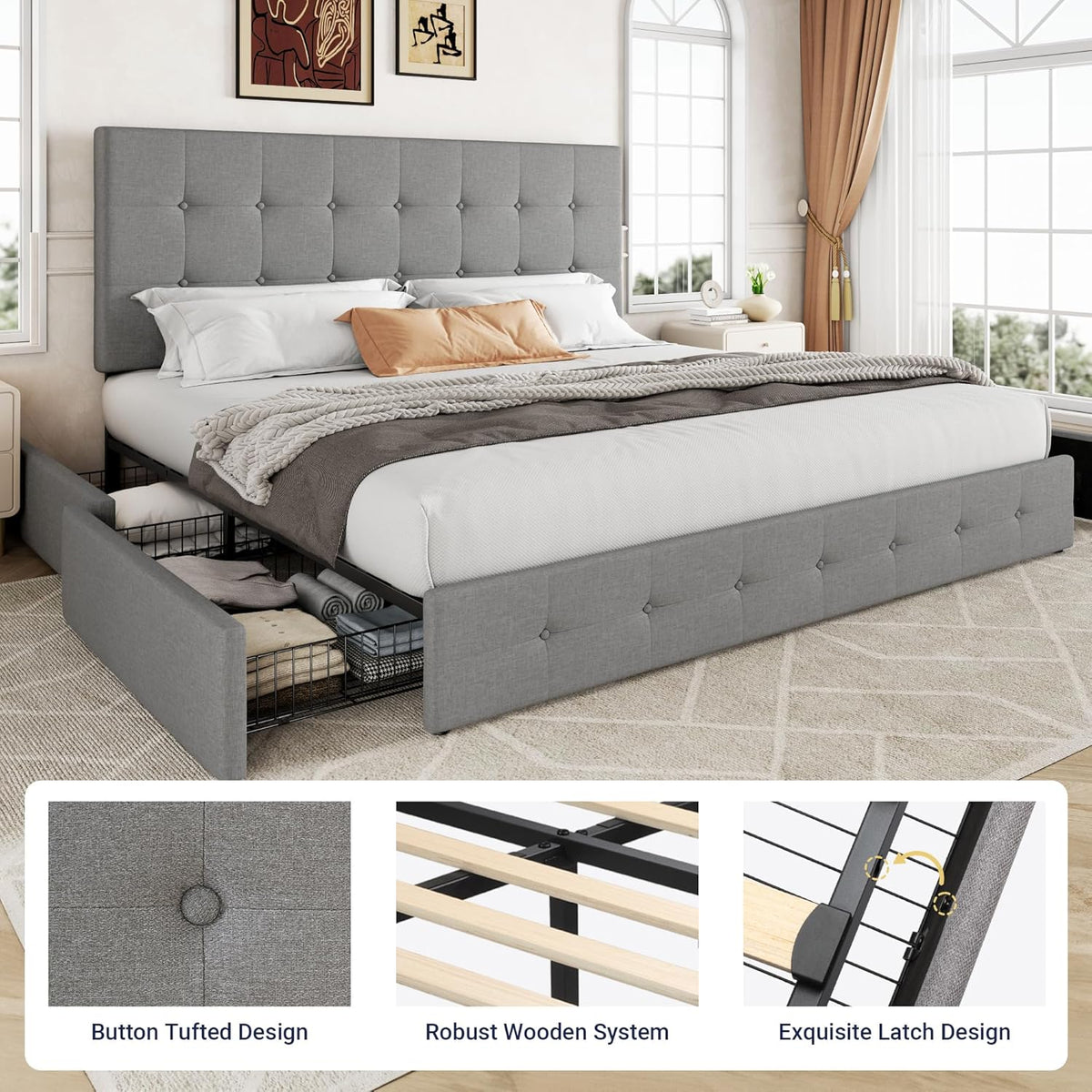 Allewie Upholstered Queen Size Platform Bed Frame with 4 Storage Drawers and Headboard
