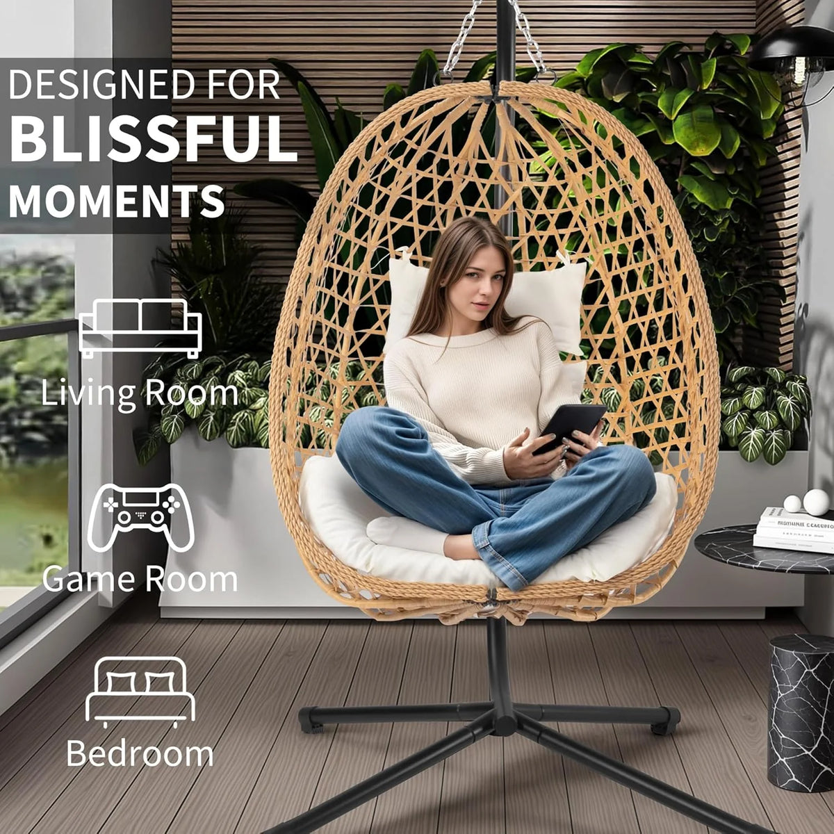 Egg Chair with Stand Patio Wicker Hanging Chair Hammock Swing Chair 350LBS Capacity
