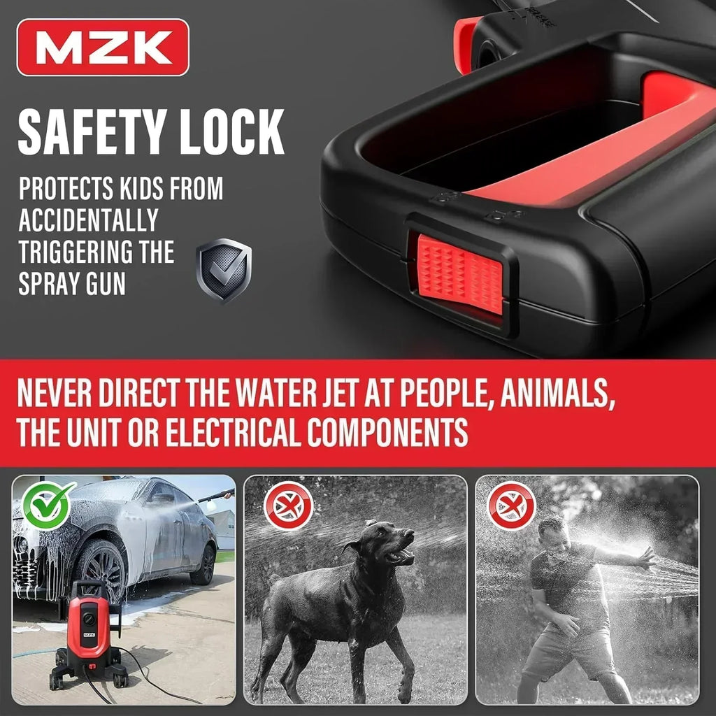 MZK electric high-pressure cleaner with 360° quick-connect nozzle and replaceable foam cannon