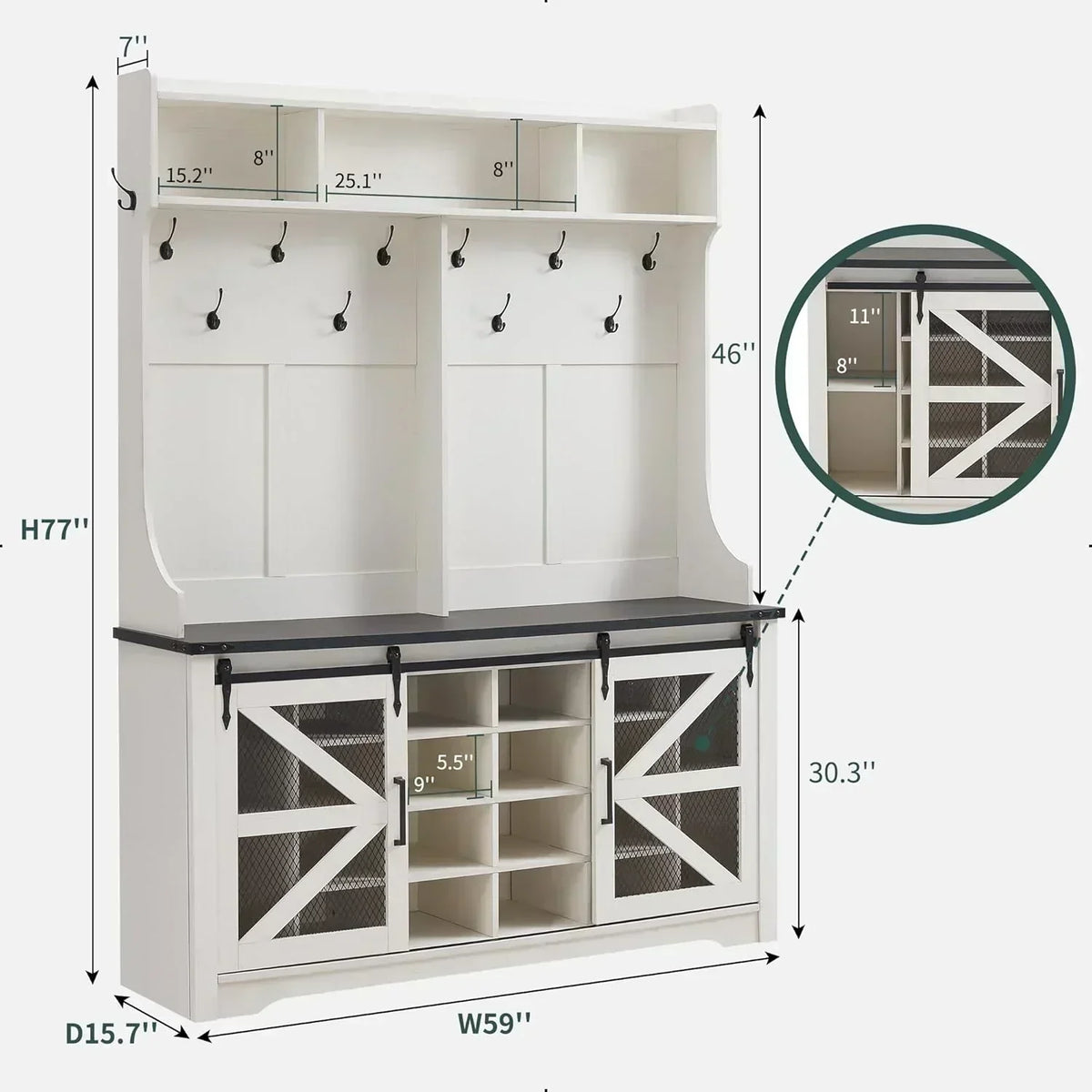 JXQTLINGMU 59-inch Farmhouse Foyer Tree Shoe Storage Entryway Bench Foyer Coat Rack Cabinet