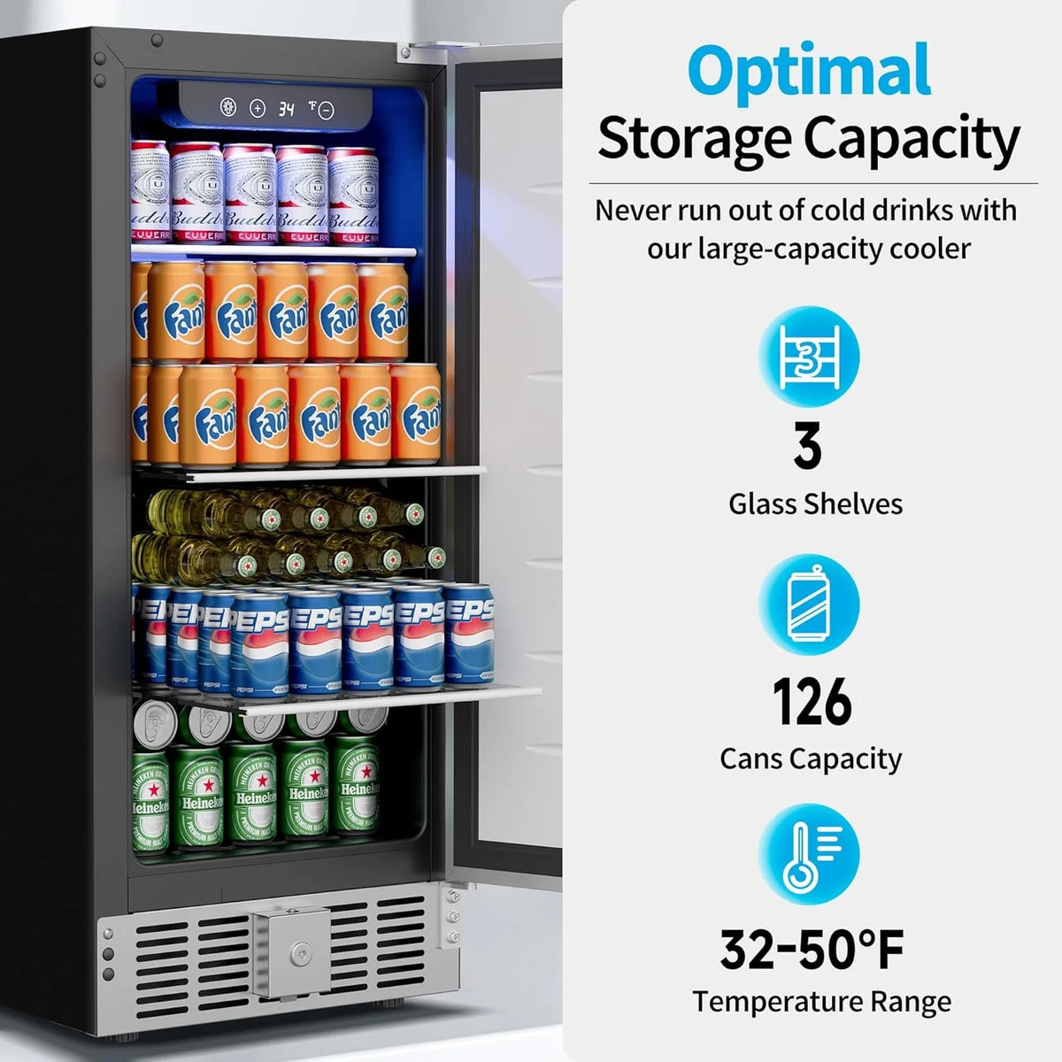 Beverage Refrigerator Cooler - 126 Can Mini Fridge Glass Door for Drinks Soda Beer Wine - Small Refrigerator for Office Bedroom Home Bar, 4 Adjustable Shelves, 3.2 Cu.Ft, Silver