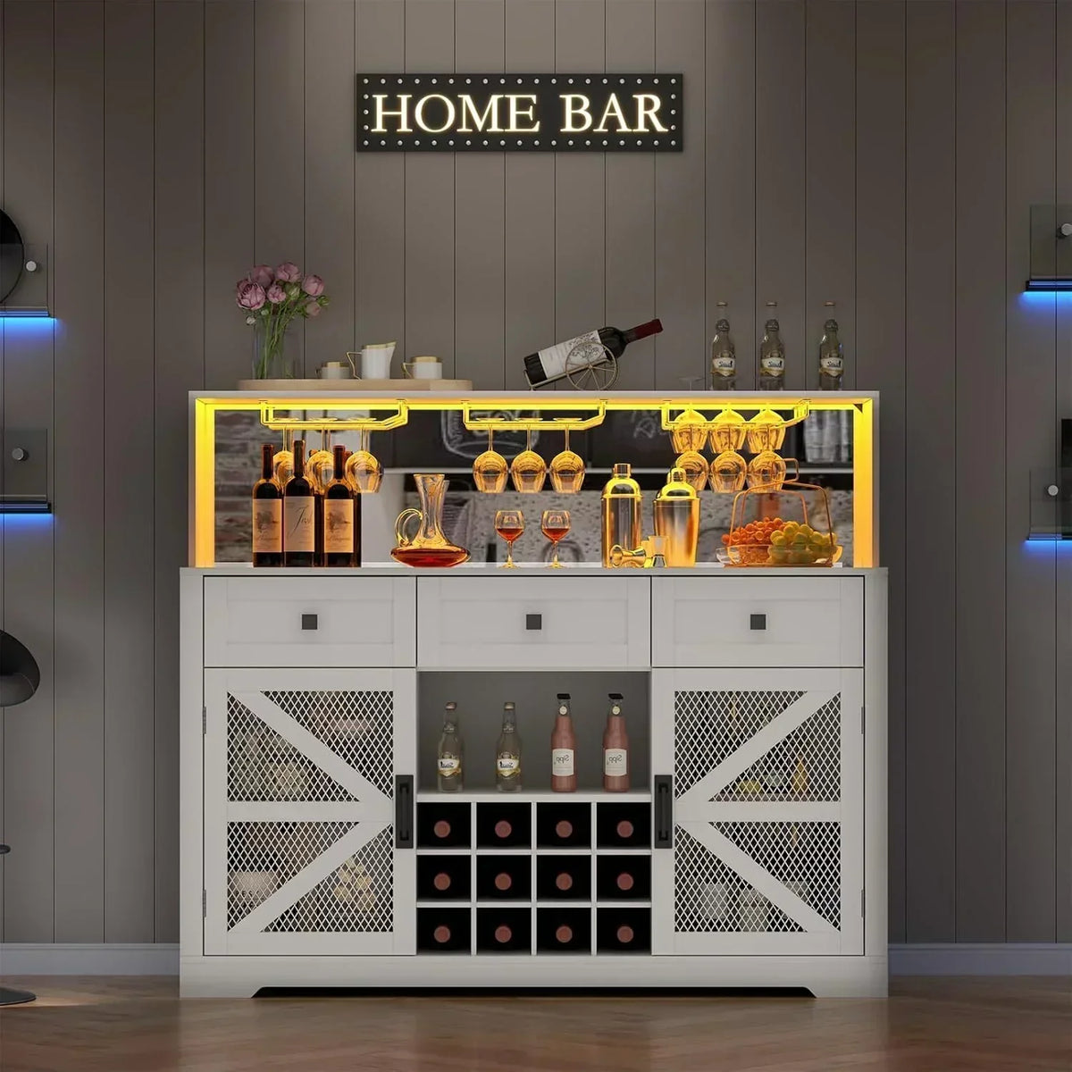 Wine Bar Cabinet with LED Light Liquor Cabinet with Glass Holder Coffee Bar for Liquor