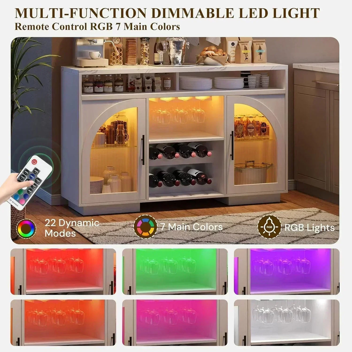 Sideboard 54-inch kitchen cabinet with LED lights and arched glass doors tall bar cabinet