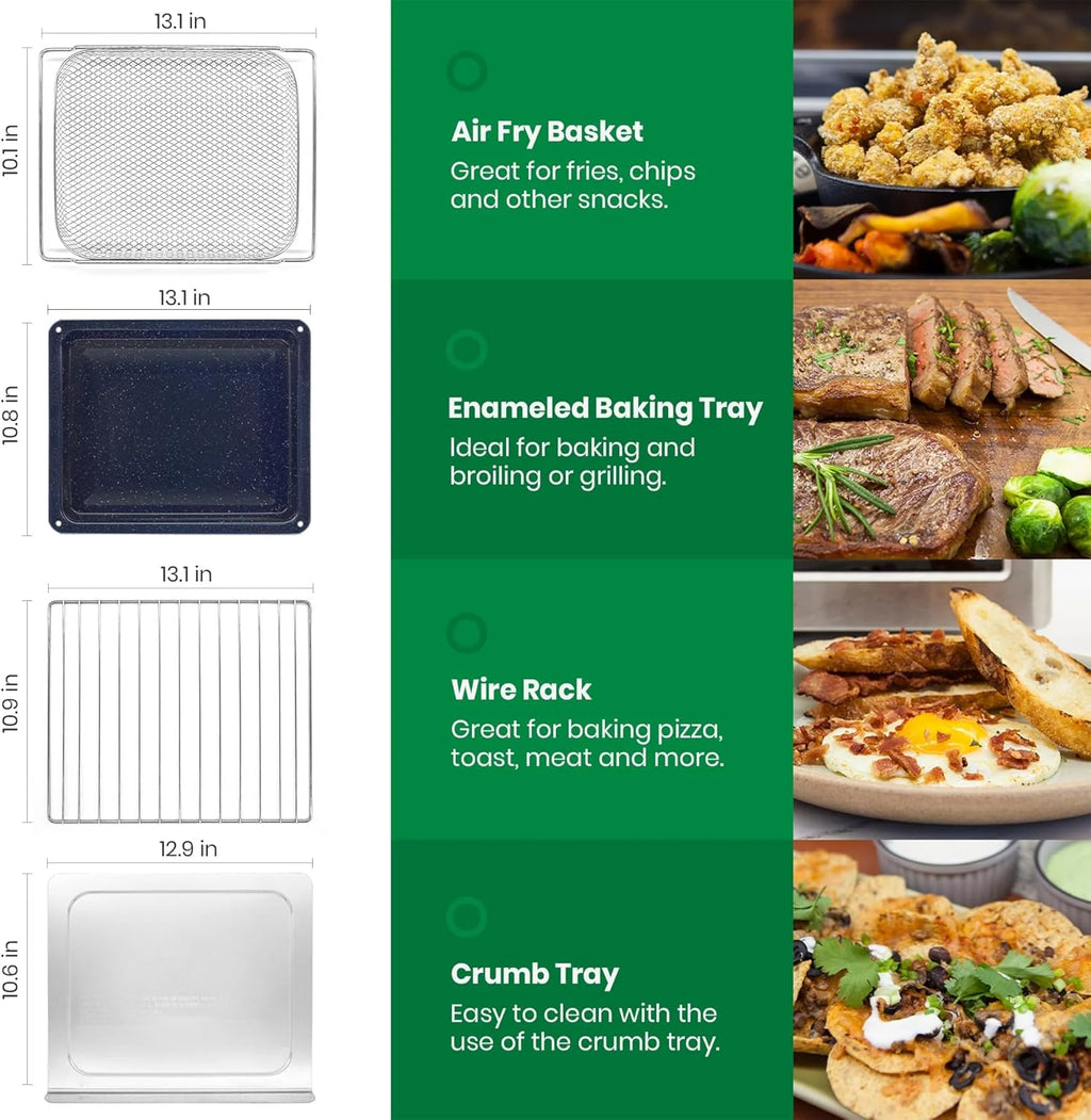 Infrared Heating Air Fryer Toaster Oven, Extra Large Countertop Convection Oven 10-in-1 Combo, 6-Slice Toast, Enamel Baking Pan Easy Clean with Recipe Book, Black Matte Stainless Steel