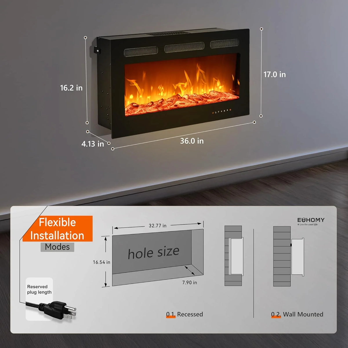 EUHOMY 50 Inch Electric Fireplace Wall Recessed and Wall Mounted with Adjustable Flame Color, Fireplace Heater with Remote Control, Linear Fireplace with Timer, Touch Screen, Log & Crystal, 750/1500W