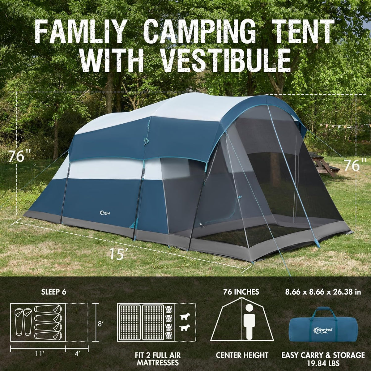 PORTAL 6/8/10 Person Family Camping Tent with Screen Room, Water Resistant Big Tunnel Tent with Rainfly, Large Family Tent for Outdoor Camping, Party