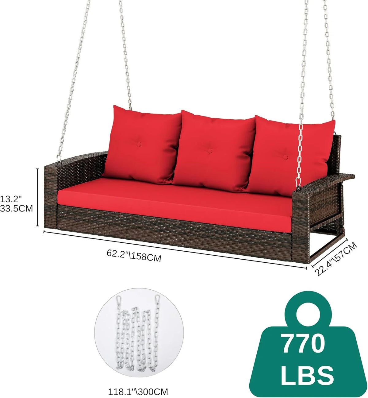 YITAHOME Hanging Porch Swing Chair Sits 3 People, Wicker Outdoor Swing Bench, Patio Lounge Chair, 1 Seating Cushion and 3 Back Cushions, w/Removable Covers, for Garden, Balcony, Backyard, Brown