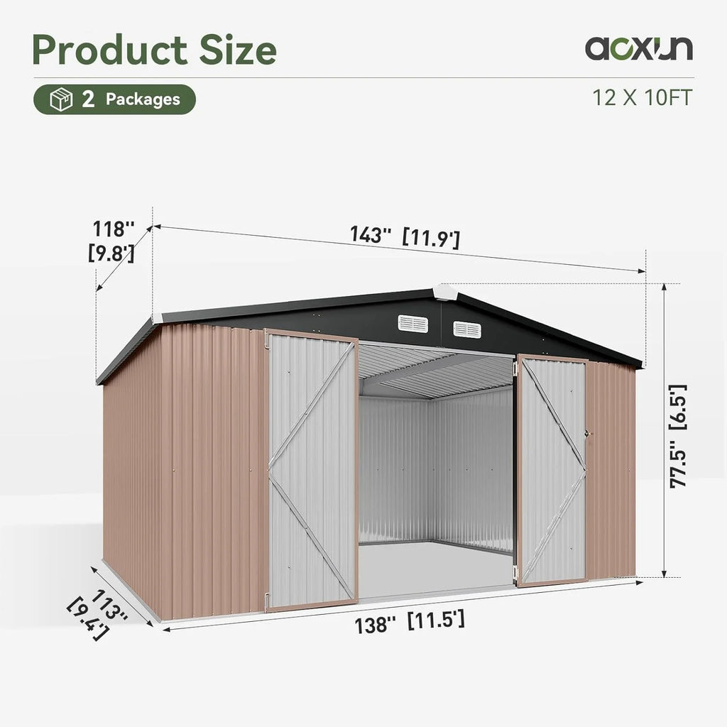 Aoxun 12x10 FT Shed Metal Outdoor Waterproof Storage Shed Steel Utility Garden Tool Shed with Door & Lock Outdoor Storage for Garden Patio Lawn Poolside, Brown