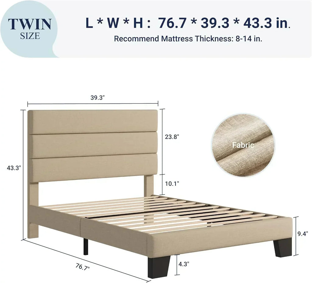 Allewie Queen Size Platform Bed Frame with Fabric Upholstered Headboard Wooden Slats Support
