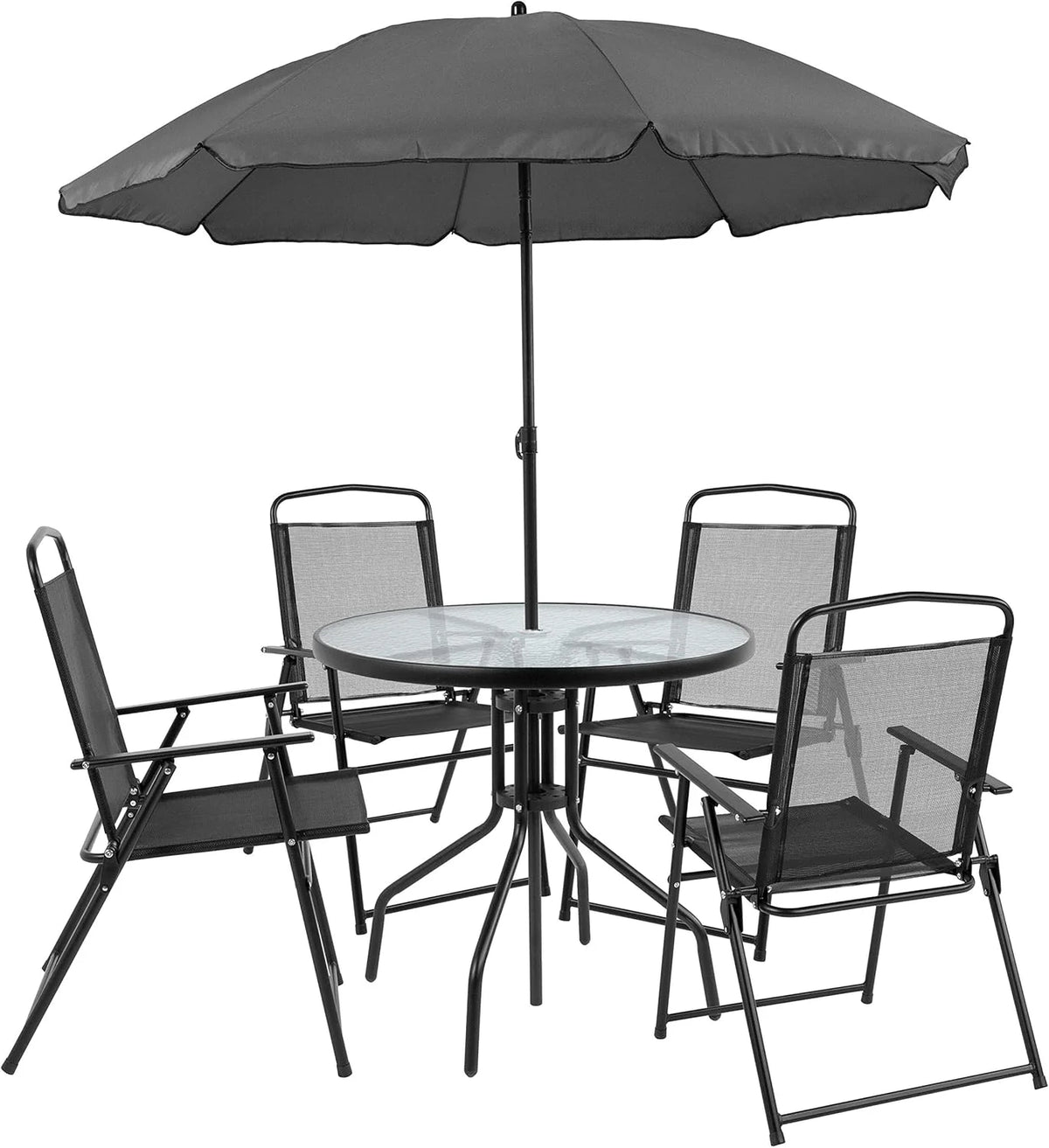 EMMA + OLIVER 6 Piece Brown Patio Garden Set with Umbrella Table and Set of 4 Folding Chairs