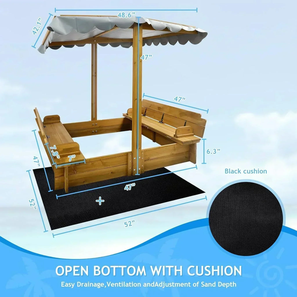 Kids Sandbox with Lid Wooden Sand Box Cover Outdoor UV-Protection Natural Wood Foldable Bench Seat