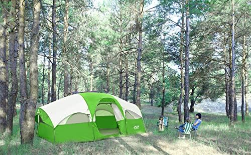 CAMPROS CP Tent 8 Person Camping Tents, Weather Resistant Family Tent, 5 Large Mesh Windows, Double Layer, Divided Curtain for Separated Room, Portable with Carry Bag