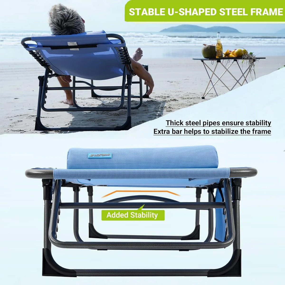 2 Pack Outdoor Chaise Lounge Chair - Portable Folding Patio Pool Lounge Chair, 5 Positions Adjustable Reclining Camping Chair with Side Table,Shoulder Strap, Pillow for Beach Sunbathing Lawn