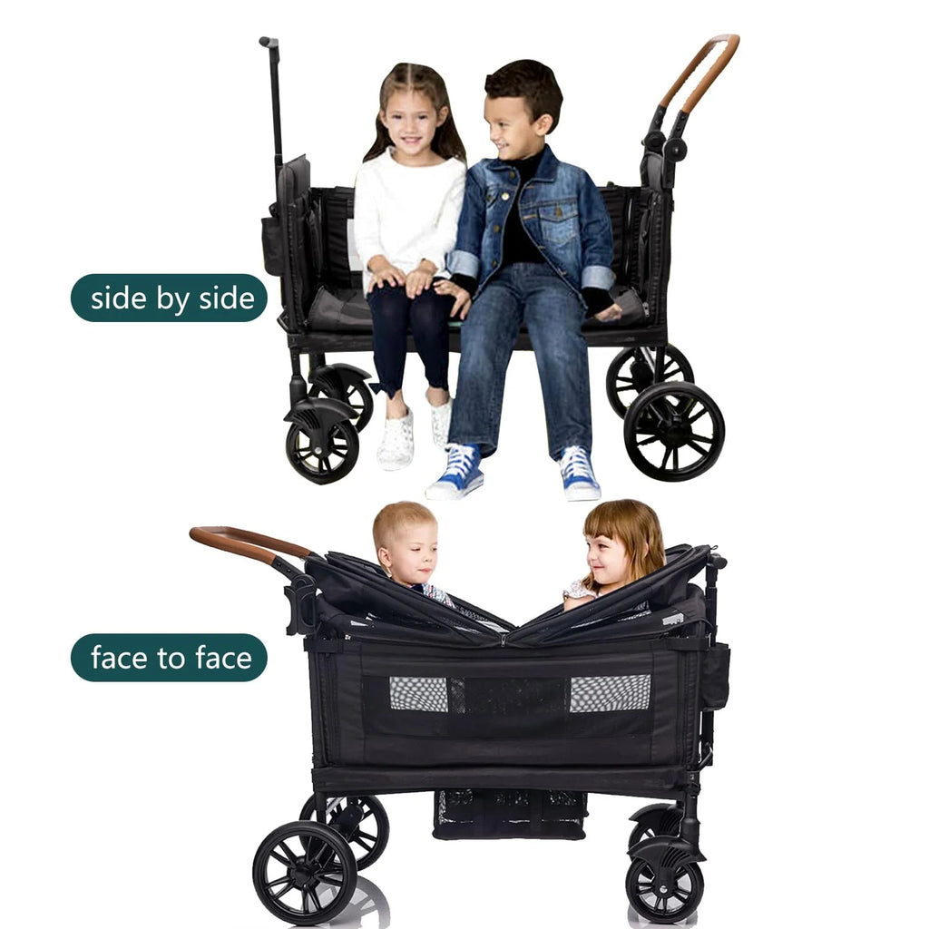 Wagon Stroller for 2 Kids & Cargo-Travel Stroller Push-Pull Double Wagon Lightweight Folding Stroller for Newborn&Toddler with 5-Point Harness,Adjustable Handle Bar and Canopy,Tray Table,Cup Holder