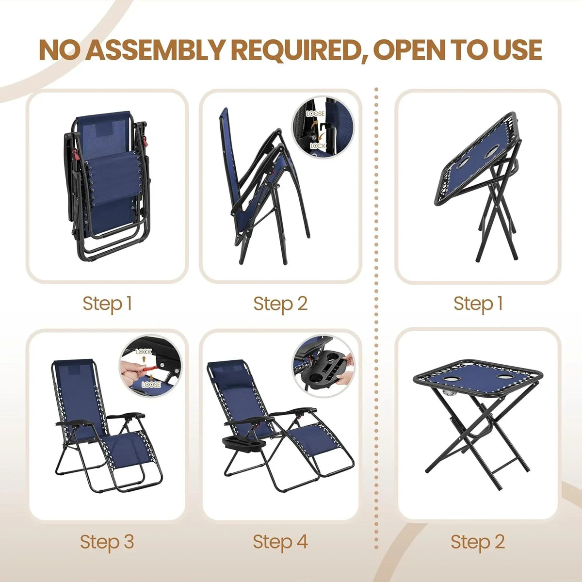 3PCS Zero Gravity Recliner Portable Outdoor Reclining Chair Set Side Table Lounge Chairs