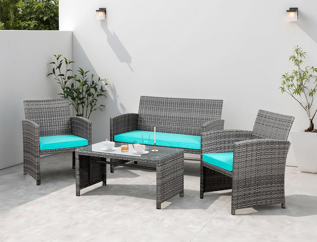 Shintenchi 4 Piece Patio Ratten Set Outdoor Furniture Set Wicker Conversation Set with Cushions and Tempered Glass Tabletop,Beige