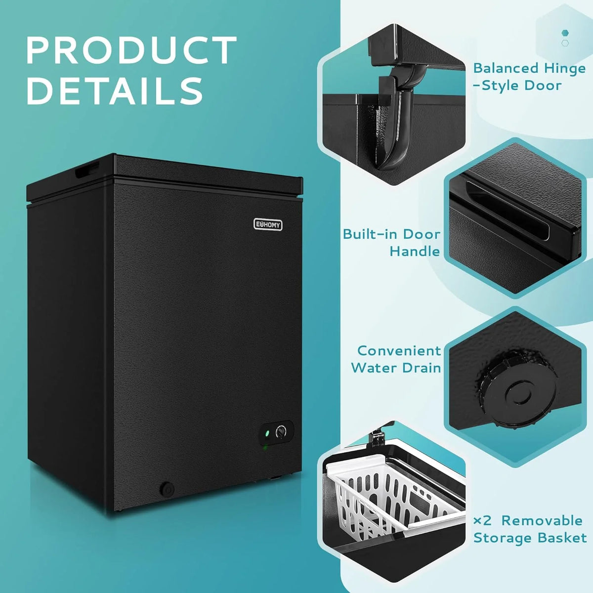 EUHOMY 3.5 Cu.Ft Chest Freezer with Removable Basket, Small Deep Freezer Adjustable 7 Thermostat, Quiet Mini Freezer Free-Standing Top Door, Energy Saving for Apartment/Garage/Basement/Dorm/Home,Black