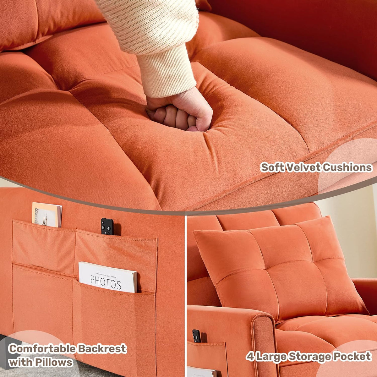 Convertible Sleeper Chair, 3 in 1 Sleeper Chair Bed Pull Out Sofa Bed Chairs, Velvet Single Sofa with Adjustable Backrest