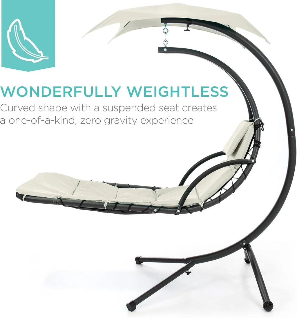 Best Choice Products Outdoor Hanging Curved Steel Chaise Lounge Chair Swing w/Built-in Pillow and Removable Canopy - Charcoal Gray
