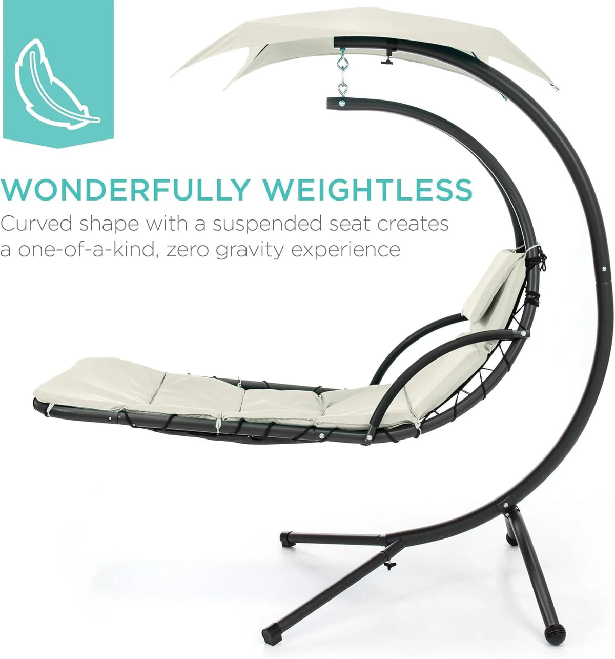 Best Choice Products Outdoor Hanging Curved Steel Chaise Lounge Chair Swing w/Built-in Pillow and Removable Canopy - Charcoal Gray