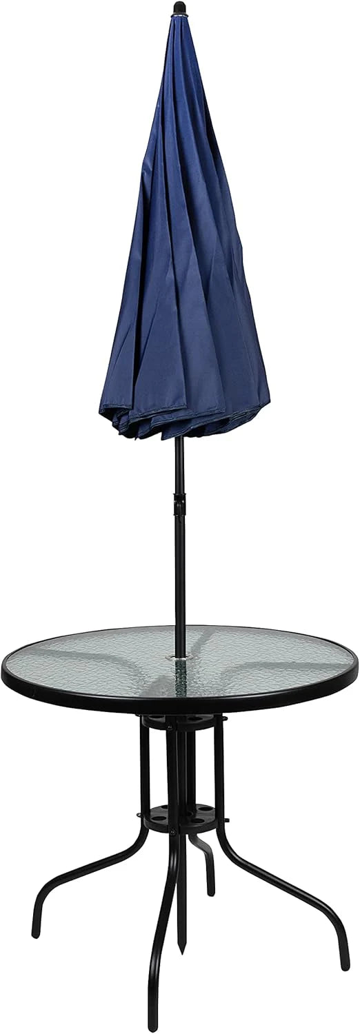 EMMA + OLIVER 6 Piece Brown Patio Garden Set with Umbrella Table and Set of 4 Folding Chairs