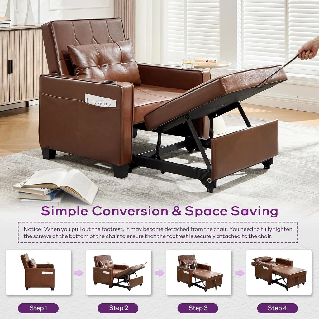 Adult Convertible Sleeper Chair Bed, 3-in-1 Pull-Out Sofa Bed with USB/Type-C Ports, Cup Holders, Side Pockets, Single Sofa