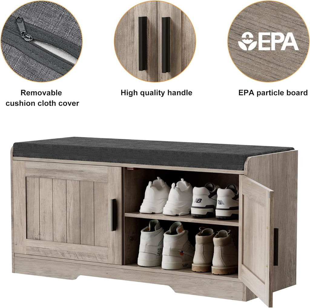 2-Tier Storage Bench, Shoe Bench with Thickened Padded Seat Cushion, Entryway Bench with 4 Doors, Adjustable Shelf