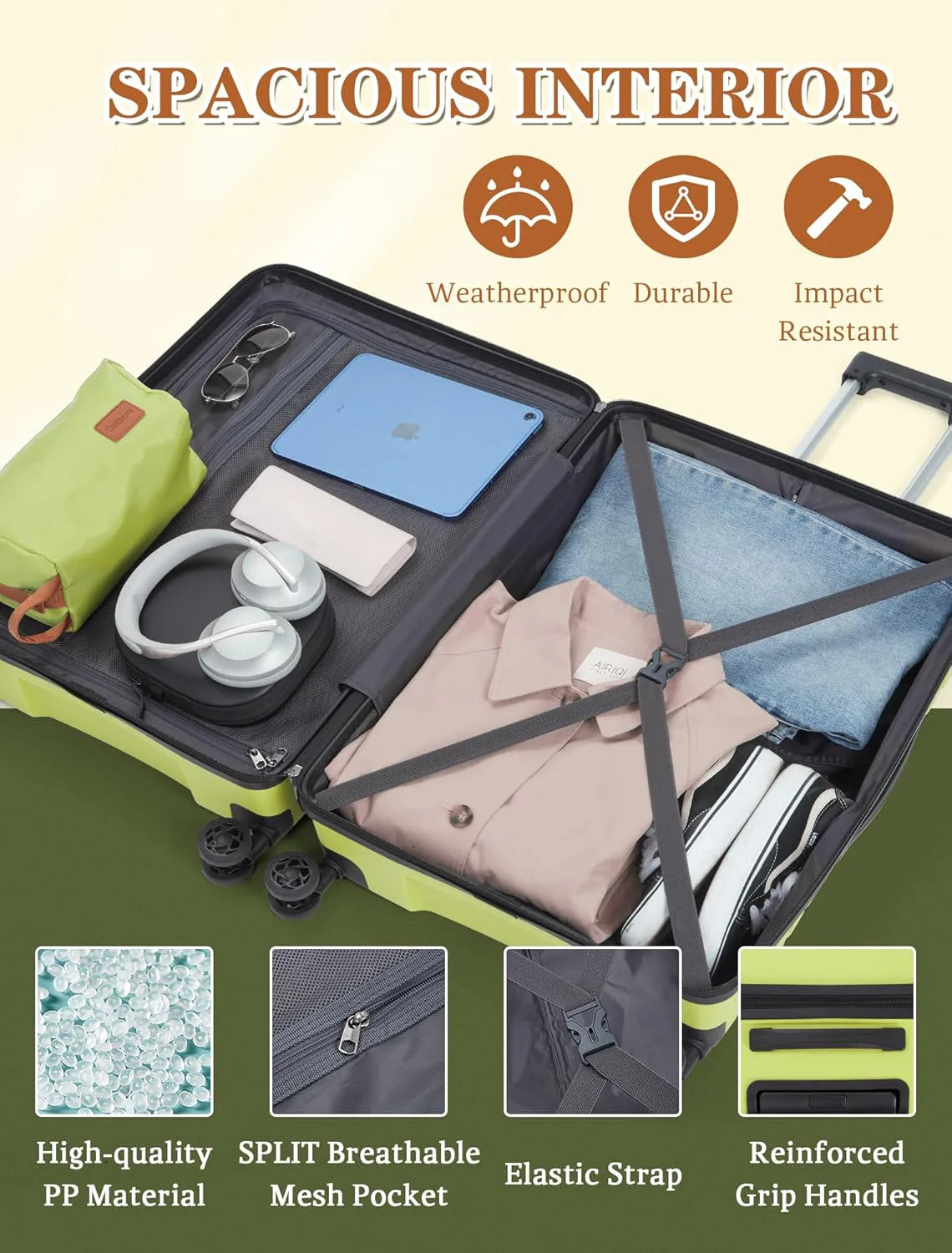5-piece luggage set with wheels, ABS hardshell suitcase with spinner wheels