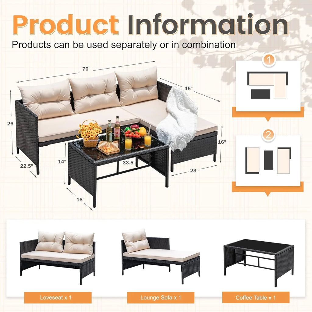 Devoko Outdoor Patio Furniture 3-Piece Rattan Waterproof Outdoor Sectional Sofa All-Weather L Shaped Patio Couch with Cushion Glass Table for Balcony, Garden (Beige)
