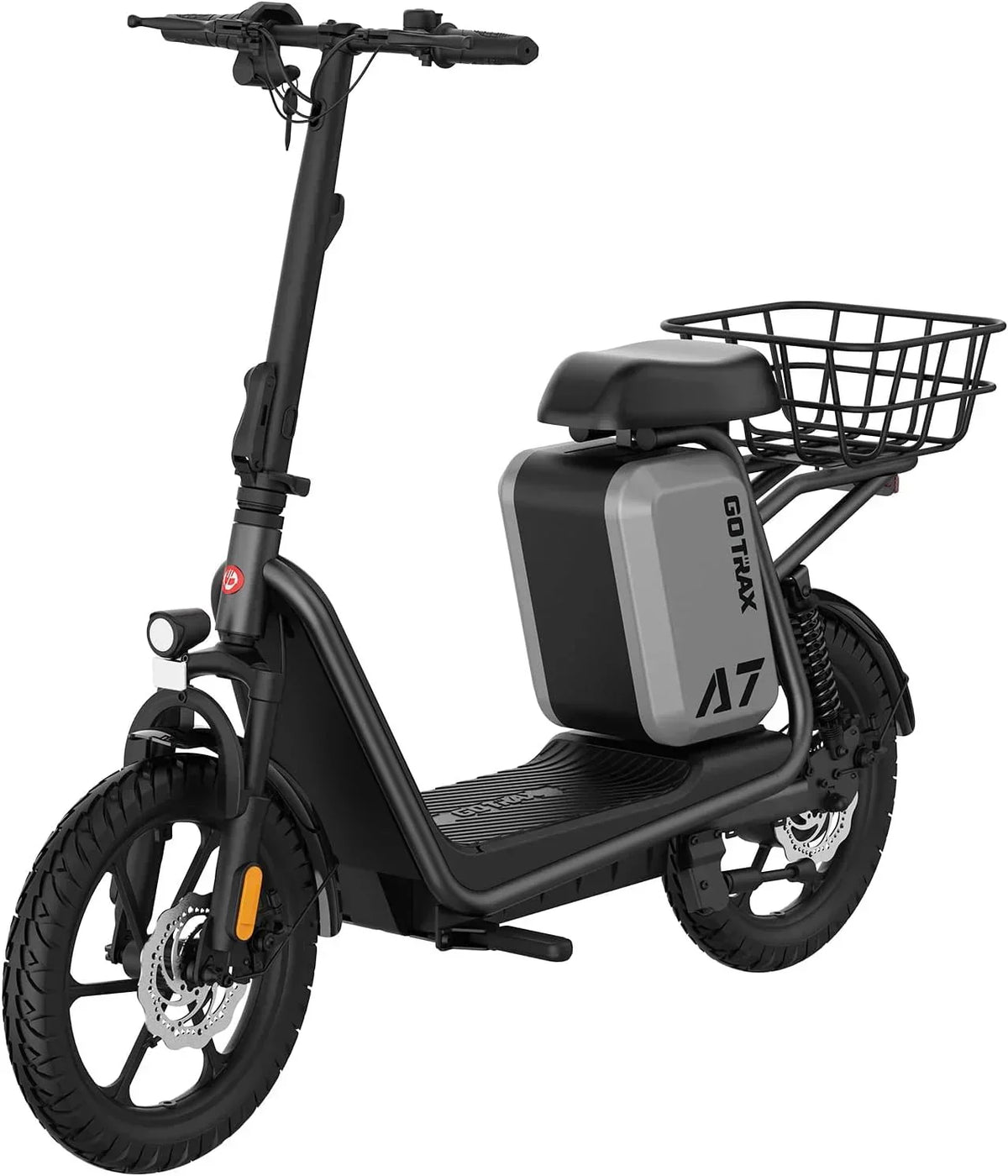 Gotrax adult electric scooter with seat maximum range of 19-25 miles all-terrain tires wide pedals